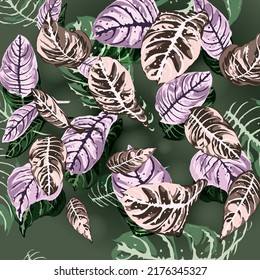 Illustration Of Several Colorful Leaves Arranged In A Random But Harmonious Pattern. Leaves Line Art Background, Abstract Wallpaper With Purple And Green Color. Design For Prints, Home Decoration.