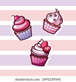 ilustración de varios cupcakes decorados en estilo de dibujos animados