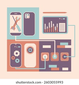 illustration of several electronic devices such as a cell phone and a tablet whose battery was being charged. A concept illustration about gadgets and gadget repair. Can be edited to suit the need of 