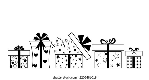 Illustration with several gift boxes with bows and different patterns, black on white background