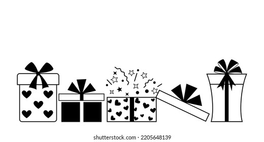 Illustration with several gift boxes with bows and different patterns, black on white background