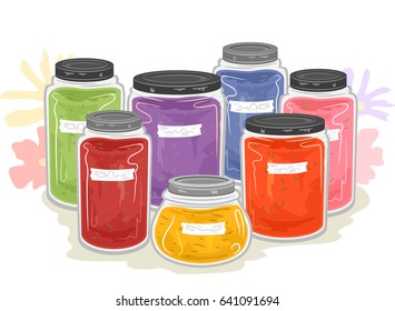 Illustration of Several Glass Jars Full of Natural Dyes Used for Crafts