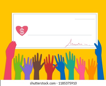 Illustration of Several Hands Holding a Signed Blank Check with Heart on Dollar Sign