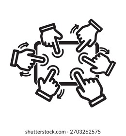 Uma ilustração de várias mãos interagindo com uma tela de tablet multitoque, simbolizando trabalho em equipe e colaboração digital.