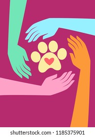 Illustration of Several Hands with Paw Print with Heart Print in the Middle. Support for Animal Welfare