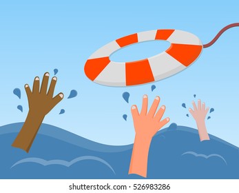 Illustration of several hands reaching for a lifeguard