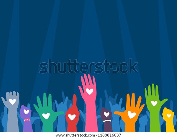 Illustration of Several Hands\
Silhouettes in Different Colors with Heart Shape Print. Benefit\
Concert