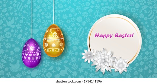 Ilustración con varios huevos de Pascua realistas colgantes en varios colores con símbolos de vacaciones, bombillas y sombras sobre fondo colorido