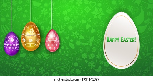 Ilustración con varios huevos de Pascua realistas colgantes en varios colores con símbolos de vacaciones, bombillas y sombras sobre fondo colorido