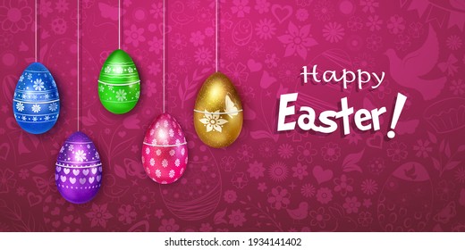 Illustration with several hanging realistic Easter eggs in various colors with holiday symbols, glares and shadows on colorful background