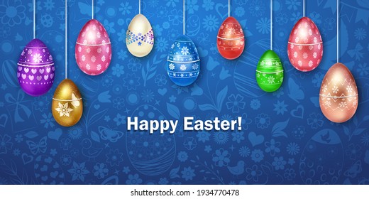 Illustration with several hanging realistic Easter eggs in various colors with holiday symbols, glares and shadows on colorful background