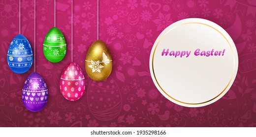 Ilustración con varios huevos de Pascua realistas colgantes en varios colores con símbolos de vacaciones, bombillas y sombras sobre fondo colorido