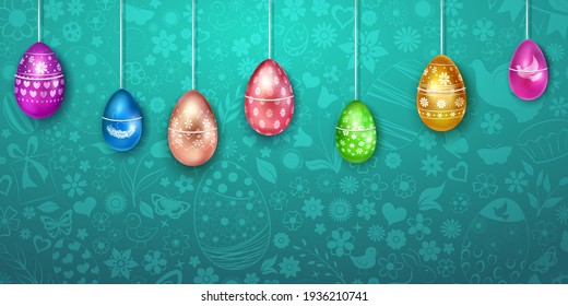 Illustration mit mehreren hängenden realistischen Ostereiern in verschiedenen Farben mit Feiertagssymbolen, Glasuren und Schatten auf buntem Hintergrund