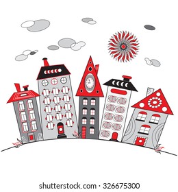 Illustration of several houses on a hill. 