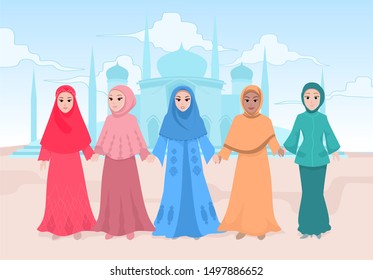 illustration of several Muslim women from various races and countries joined hands in front of the mosque to show solidarity