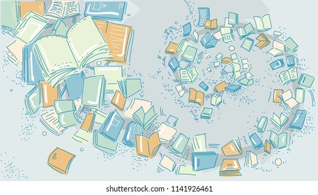 Illustration of Several Open and Closed Books Swirling Out