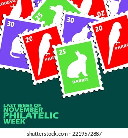 Illustration of several piles of stamps with animal pictures and bold text on dark green background to celebrate Philatelic Week on Last Week of November