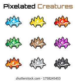 Illustration of several pixelated creatures from different colors with spikes and shells. For videogames and designs.