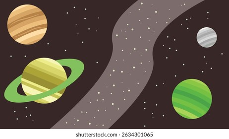 illustration of several planets and asteroid river flows