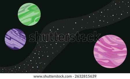 illustration of several planets separated by rivers of asteroids facing each other