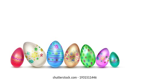 Illustration with several realistic Easter eggs in various colors with holiday symbols, glares and shadows on white background