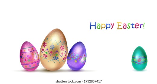 Illustration with several realistic Easter eggs in various colors with holiday symbols, glares and shadows on white background