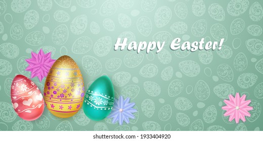 Illustration with several realistic Easter eggs in various colors with holiday symbols, glares and shadows on colorful background