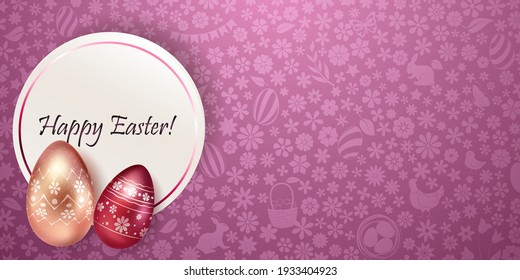Illustration with several realistic Easter eggs in various colors with holiday symbols, glares and shadows on colorful background