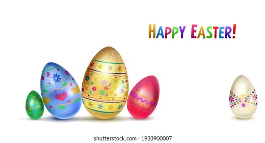 Illustration with several realistic Easter eggs in various colors with holiday symbols, glares and shadows on white background