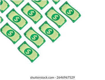 Ilustração de várias notas de dólar espalhadas criando um efeito de abundância e riqueza em um fundo branco limpo. Conceito financeiro