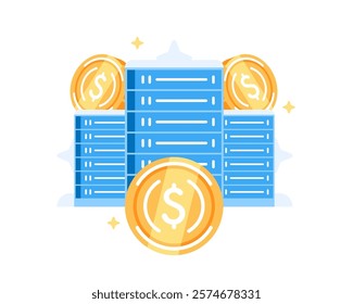 Illustration of several servers and gold coins in flat style.