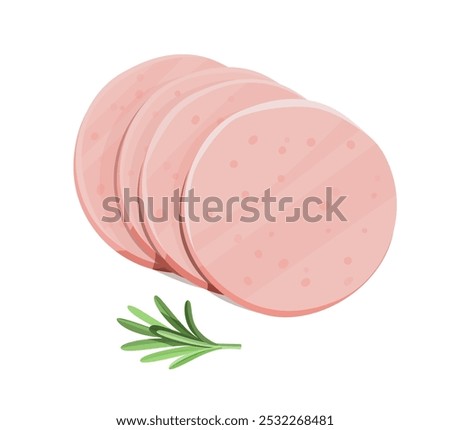 Illustration of several slices of bologna arranged with a sprig of green herb, set against a white background for food-related designs.