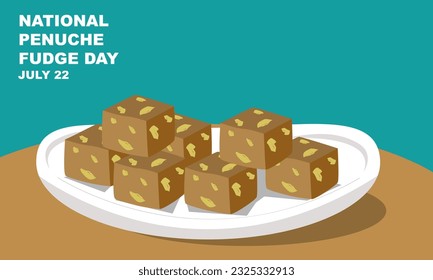 illustration of several slices of Penuche Fudge arranged on a porcelain plate. fudge made with butter, milk, and brown sugar and lightly flavored with vanilla. celebrated National Penuche Fudge Day
