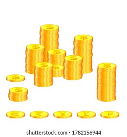 Illustration of several stacks of golden coins of different currencies, denominations, dollar made in 3D style, on white background. Vector isolated high quality. For economic design, template, decor