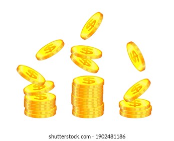 Illustration of several stacks of golden dollar coins in 3D style, on white isolated background. Vector. Template for economic design, banking, financial company, decor