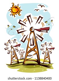 Illustration of Several Windmills in the Fields Under the Sun