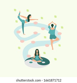 Illustration of several women doing meditation, yoga.