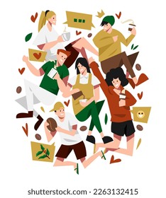 illustration of several young people in cool poses enjoying coffee, chatting. baristas, teenage boys and girls. concept of drink, coffee shop, cafe. for print, wallaper, poster, etc. flat vector.