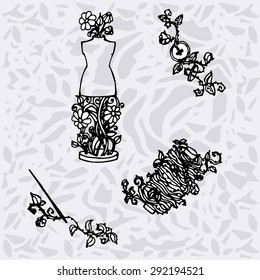 Illustration of Sewing accessories, tools for fashion design, dummy, spool, needles, buttons. Background