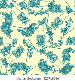 Illustration of Sewing accessories, tools for fashion design, dummy, spool, needles, buttons. Seamless pattern.  