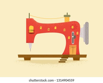 Illustration of a Sewing Factory Shaped as a Sewing Machine