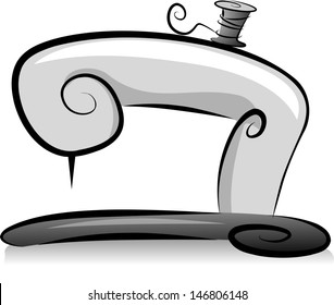 Illustration of Sewing Machine with a Spool of Thread in Black and White