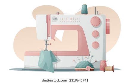 Illustration of a sewing machine with threads and a needle bed on a white background.Sewing tools, needlework, hobby, craft,workplace.