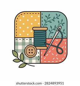 Illustration of sewing supplies with spool thread needle and button on quilted fabric