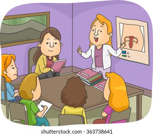 Illustration Of A Sex Education Class Discussing The Female Reproductive System