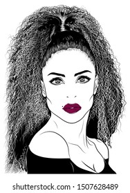 Illustration with sexy afro-american woman, long curly hair, eyes, eyebrows and eyelashes. Realistic makeup look. Ponytail hairstyle. Logo for brow bar, lash or beauty salon.