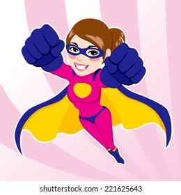 Illustration of sexy beautiful fit woman in superhero costume flying