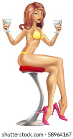 Illustration of a sexy woman in a swim wear swimming suit bikini offering martini cocktails from a bar stool.