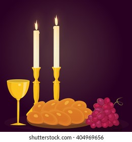 Illustration of Shabbat candles, kiddush cup and challah.