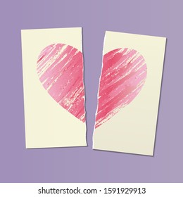 illustration with shaded pink heart on two halves of a torn sheet of paper. past love concept. anti-Valentine's day card, vector.